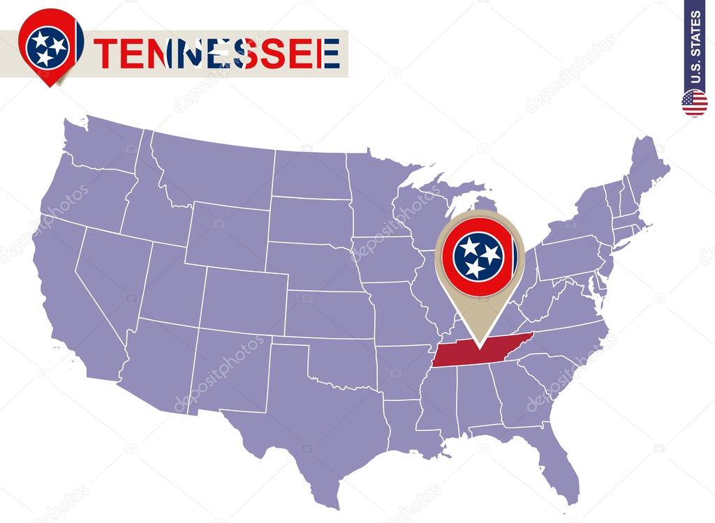 Tennessee State on USA Map. Tennessee flag and map.