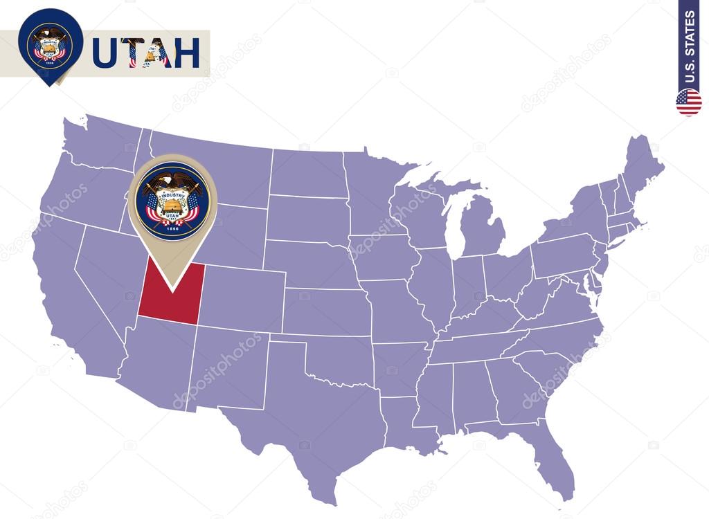 Utah State on USA Map. Utah flag and map.