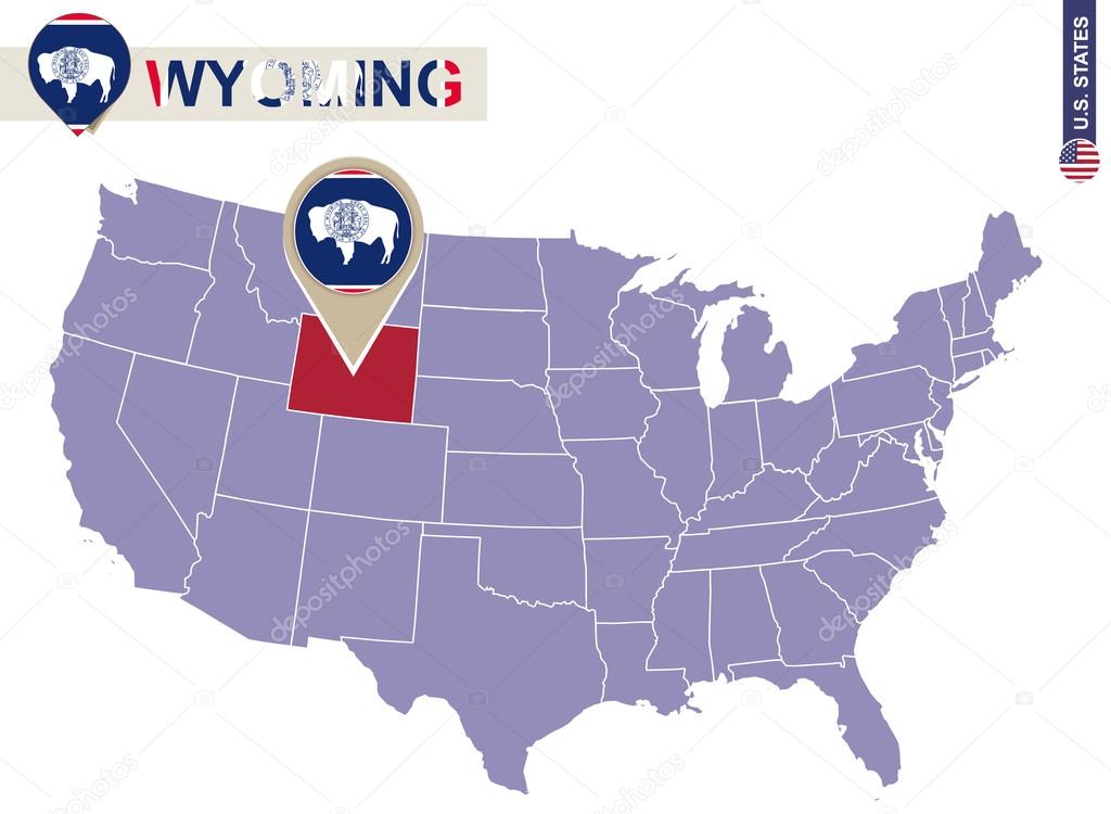 Wyoming State on USA Map. Wyoming flag and map.