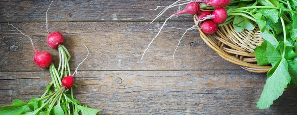 Fresh radishes on old wooden table — Stock Photo, Image