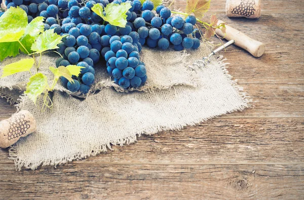 Uvas en ambiente vintage con corchos sobre mesa de madera — Foto de Stock