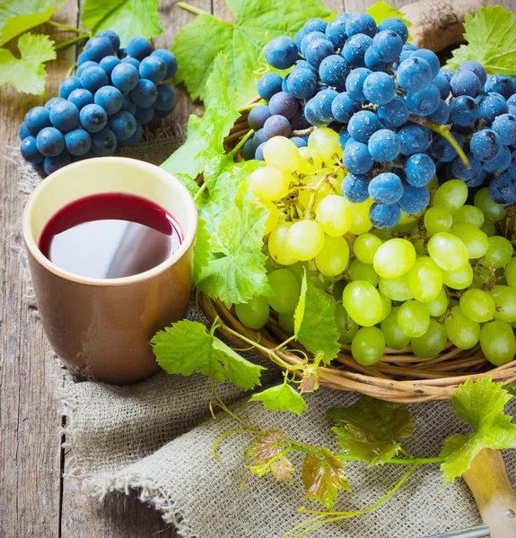 Vino tinto y uvas en ambiente vintage con corchos sobre mesa de madera — Foto de Stock