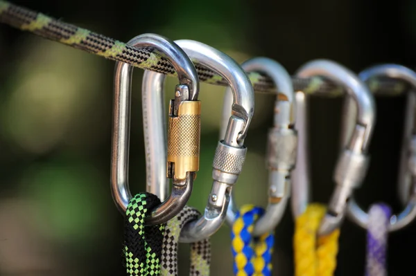 Climbing sports image of a carabiner on a rope — Stock Photo, Image