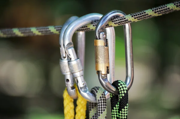 Climbing sports image of a carabiner on a rope — Stock Photo, Image