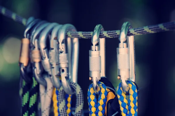 Climbing sports image of a carabiner on a rope — Stock Photo, Image