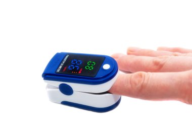 Pulse oximeter used to measure pulse rate and oxygen levels . Close up of Finger in an Oximeter Device. Pulse oximeter on white background.  clipart