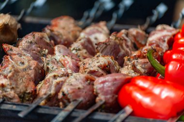 Taze şiş kebap ızgarada kızartılır. Şiş kebap ızgarada kızarıyor. Barbekü partisi. Yakın plan..