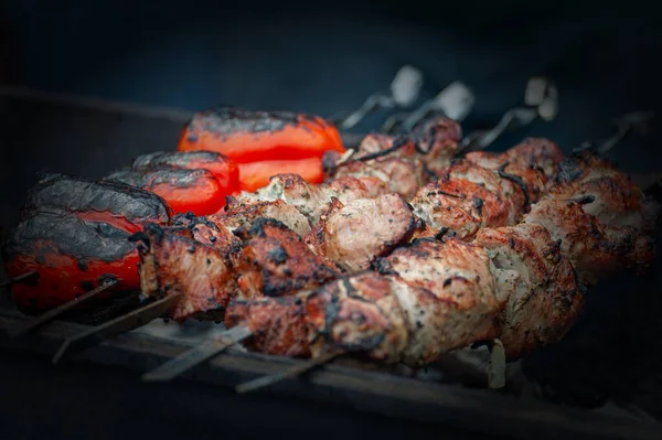 Kebab Shish Frais Sur Brochettes Est Frit Sur Gril Shish — Photo