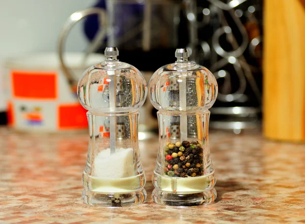 Glass salt and pepper shakers — Stock Photo, Image