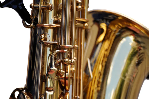 Fragmento de saxofone sobre fundo branco . — Fotografia de Stock