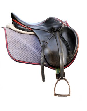 Black leather saddle isolated on white clipart