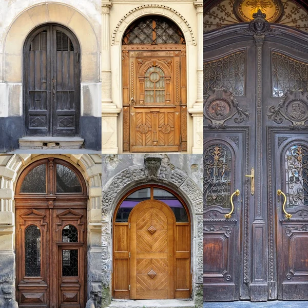 A photo collage l front doors to houses Stock Picture