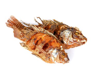 Beyaz arka plan üzerinde iki balık kızartma.