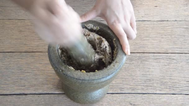 The chili cooking made from cricket in a mortar.Thailand cuisine style. — Stock Video
