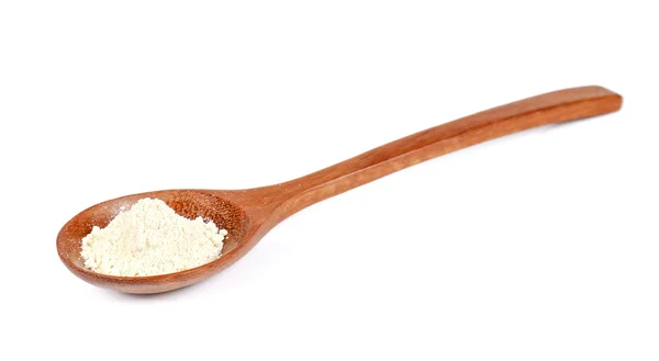 Leche en polvo, Whey Protein en cuchara de madera sobre fondo blanco . — Foto de Stock