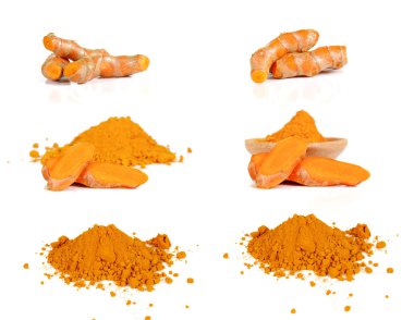 Zerdeçal fotoğraf serisi, beyaz arka plan üzerinde zerdeçal tozu.