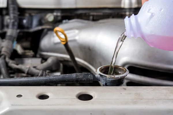 Add water to car  radiator,Check water car radiator. — Stock Photo, Image