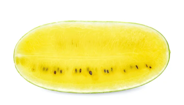 Ow skär vattenmelon hälften på vit bakgrund. — Stockfoto