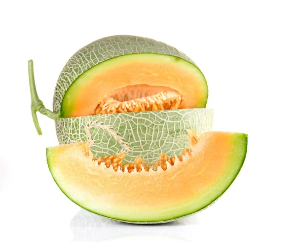 Melon heart pattern and cut pieces on white background. — Stock Photo, Image