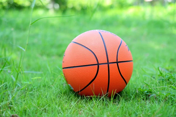 Yeşil çimenlerin üzerinde turuncu basketbol. — Stok fotoğraf