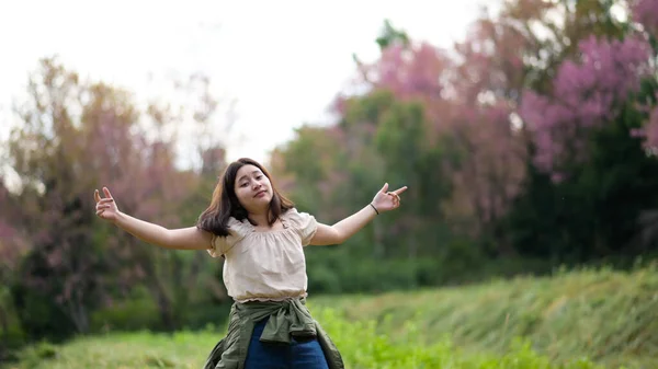 Asiática Chica Sonríe Maliciosamente Gira Hacia Cámara Durante Recorrido Por —  Fotos de Stock