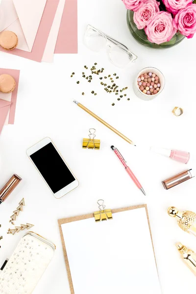 Still life of fashion woman, objects on white Stock Photo