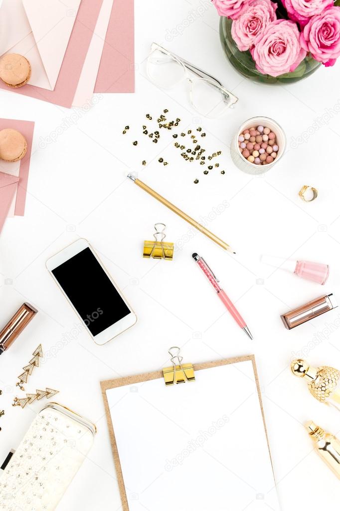 Still life of fashion woman, objects on white