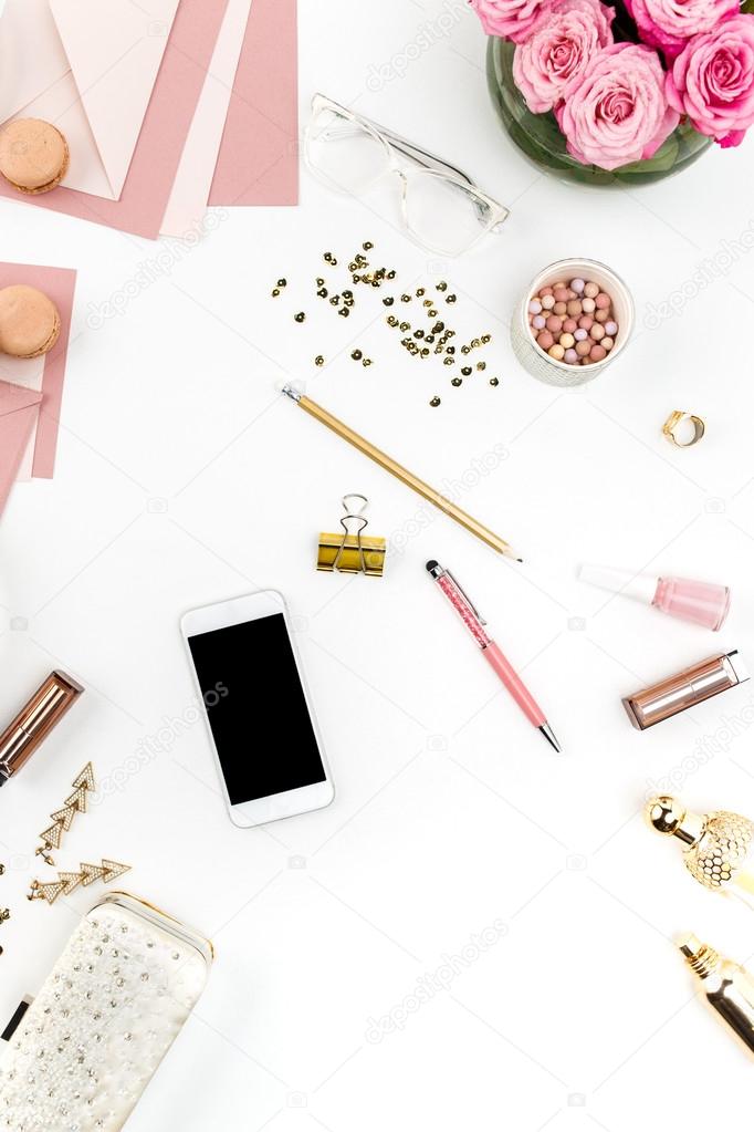 Still life of fashion woman, objects on white