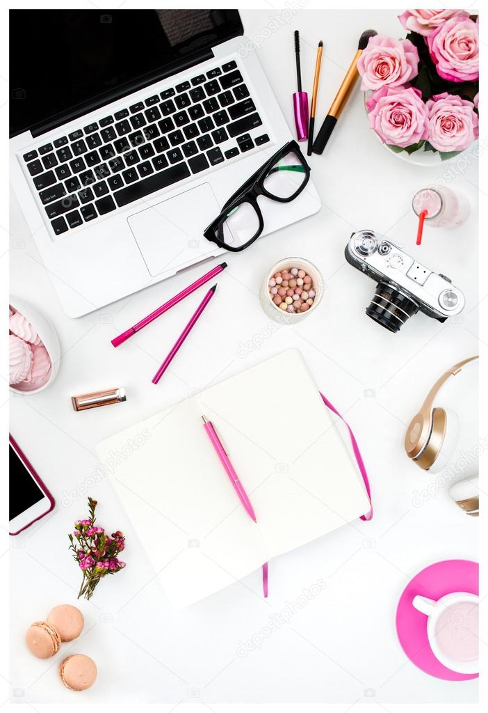 Still life of fashion woman, objects on white