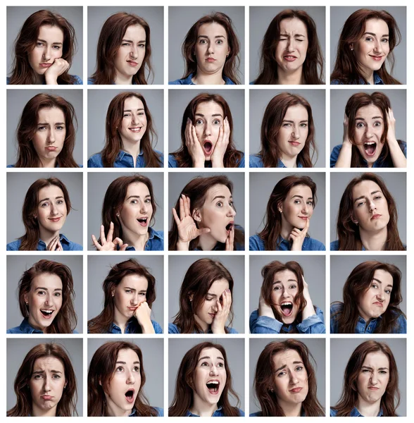 Conjunto de retratos de mulheres jovens com emoções diferentes — Fotografia de Stock