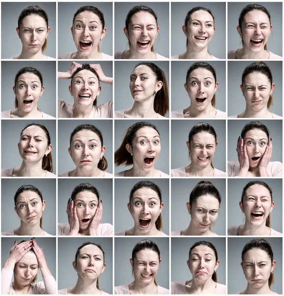 Aantal jonge dames portretten met verschillende emoties — Stockfoto