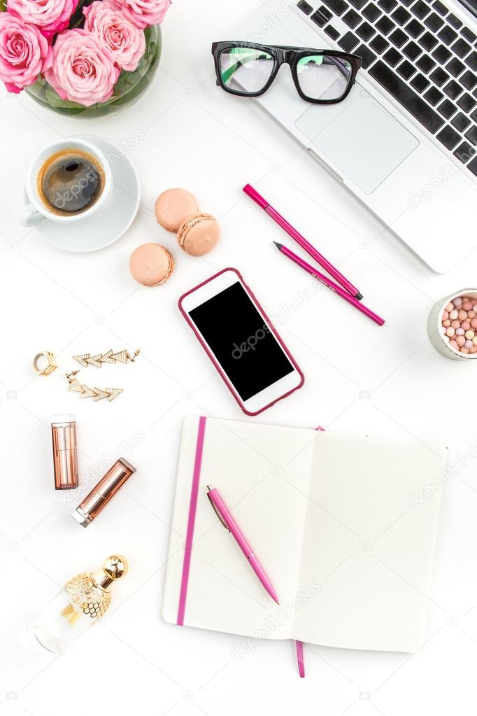 Still life of fashion woman, objects on white