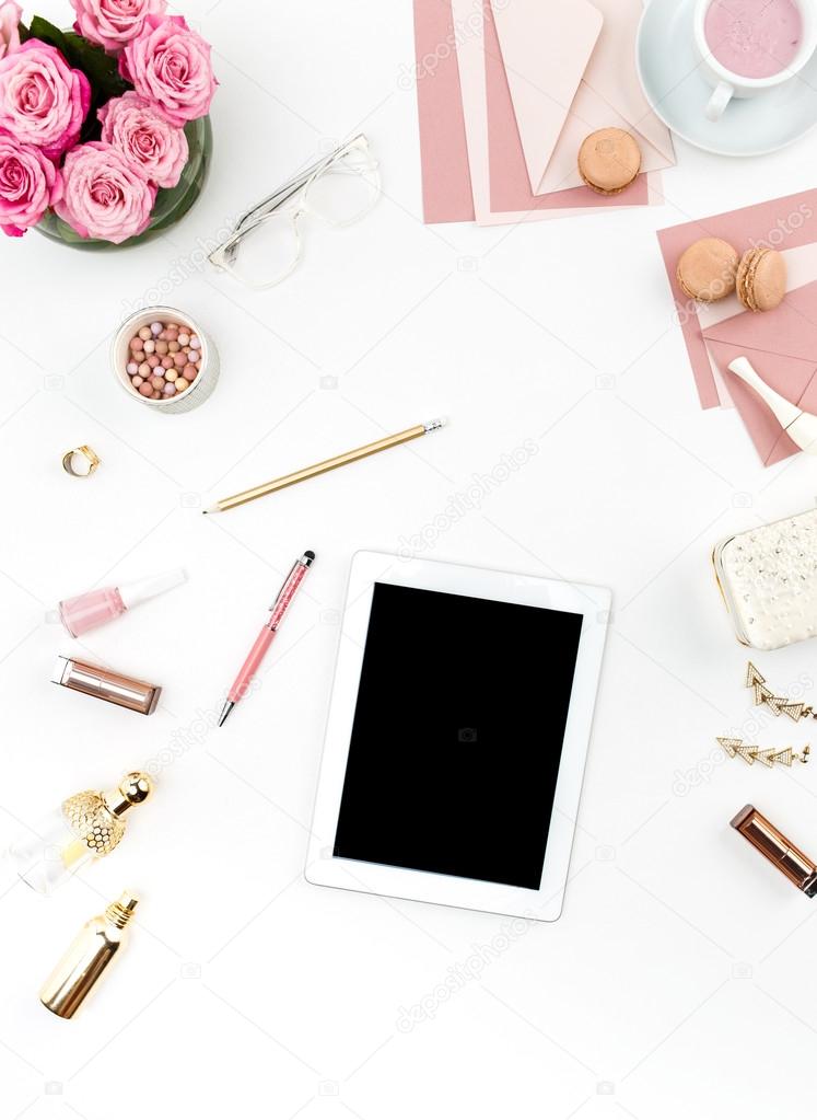 Still life of fashion woman, objects on white