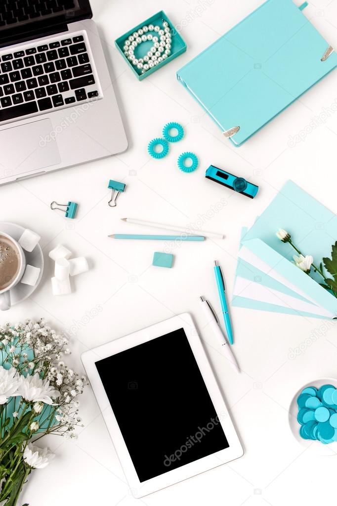 Still life of fashion woman,  blue objects on white