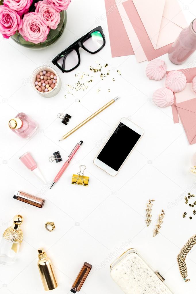 Still life of fashion woman, objects on white