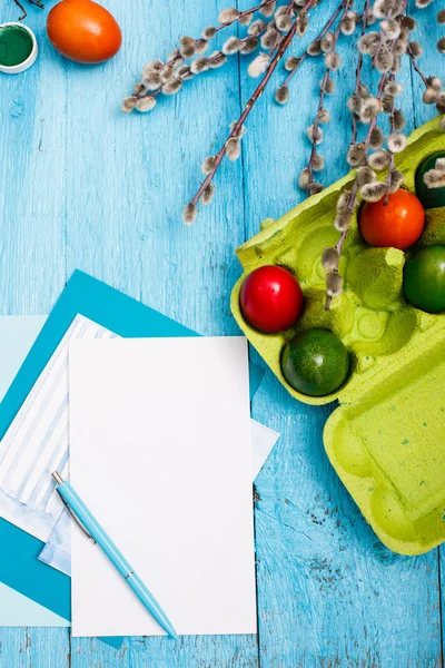 The top view of easter on wooden table office workplace — Stock Photo, Image