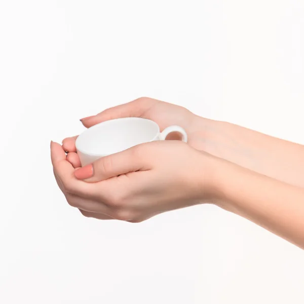 Woman hand with cup on white background — Stock Photo, Image