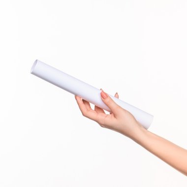 Silindir kadın beyaz arka plan üzerinde eller