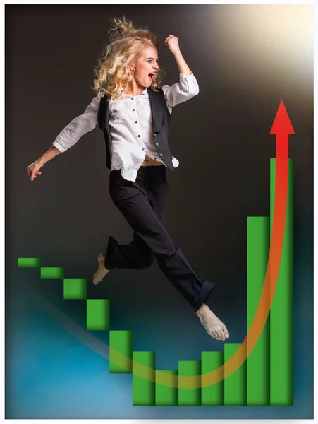 Бізнес-леді біжить по сходах і зростає графік продажів — стокове фото