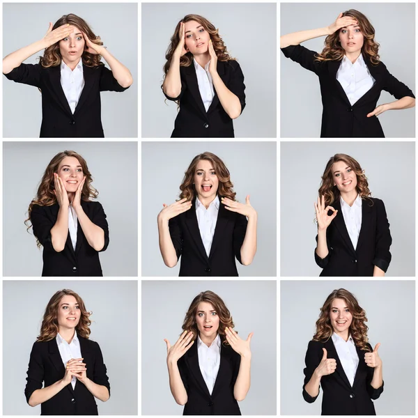 Il collage di ritratti di giovani donne con emozioni felici — Foto Stock