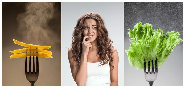 El collage de la joven hermosa mujer con comida saludable y dañina — Foto de Stock