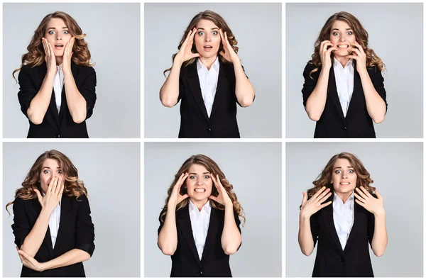 Die Collage junger Frauenporträts mit unterschiedlichen erstaunten Emotionen — Stockfoto