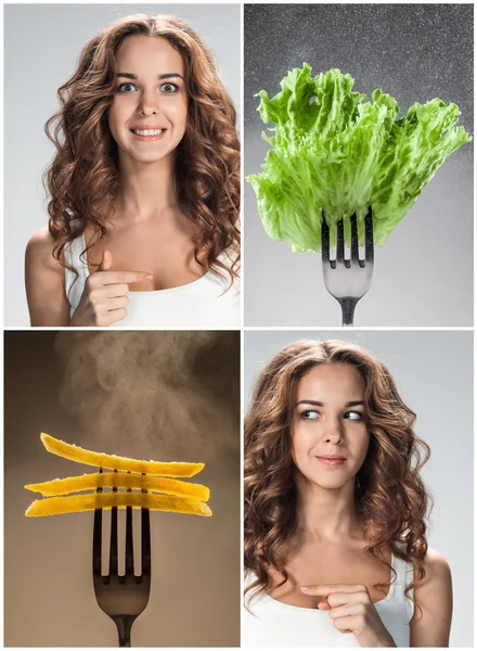 El collage de la joven hermosa mujer con comida saludable y dañina — Foto de Stock