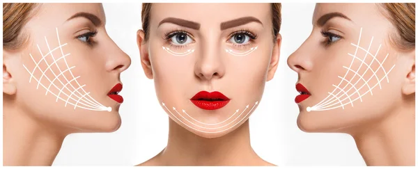 Genç kadın yüzü. Antiaging ve iplik kavram kaldırma