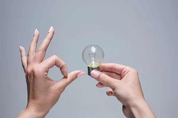 Mano sosteniendo una bombilla incandescente sobre fondo gris — Foto de Stock