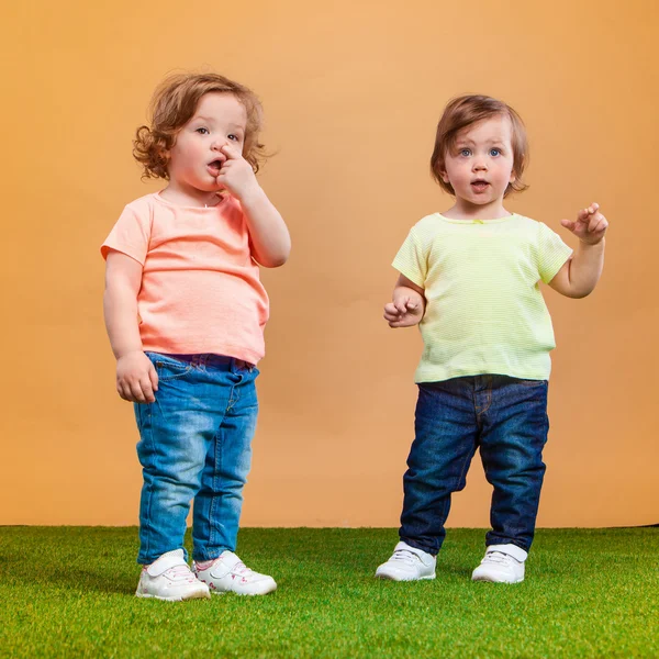 Happy funny girl twins sisters playing and laughing — Stock Photo, Image