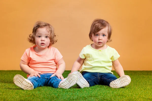 Feliz chica divertida gemelos hermanas jugando y riendo — Foto de Stock