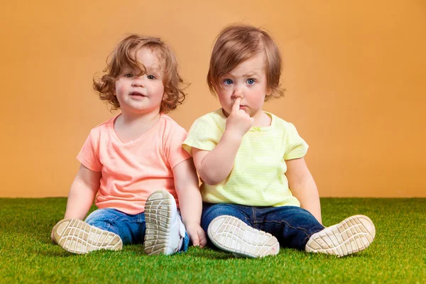 Felice divertente ragazza gemelli sorelle che giocano e ridono — Foto Stock
