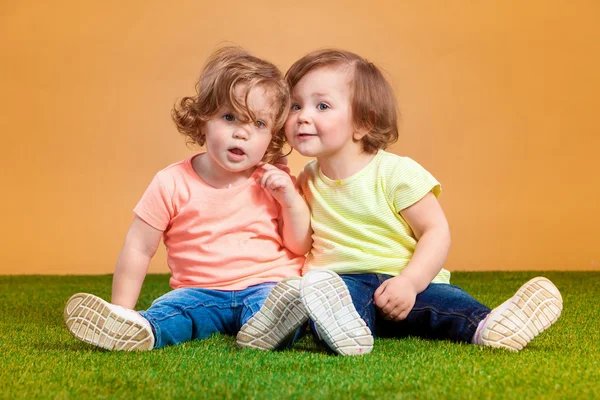 Feliz chica divertida gemelos hermanas jugando y riendo — Foto de Stock