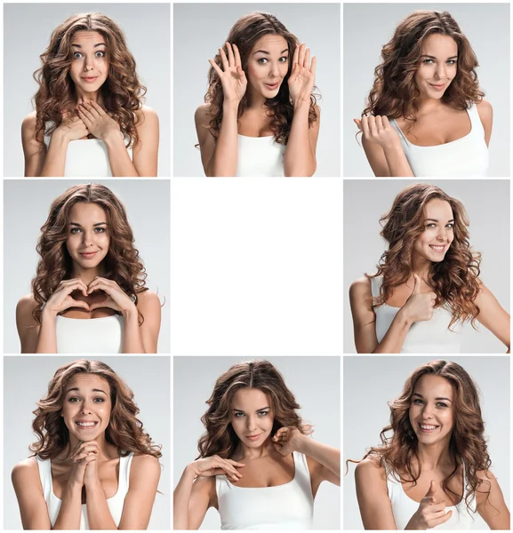 Conjunto de retratos de mujeres jóvenes con diferentes emociones felices — Foto de Stock